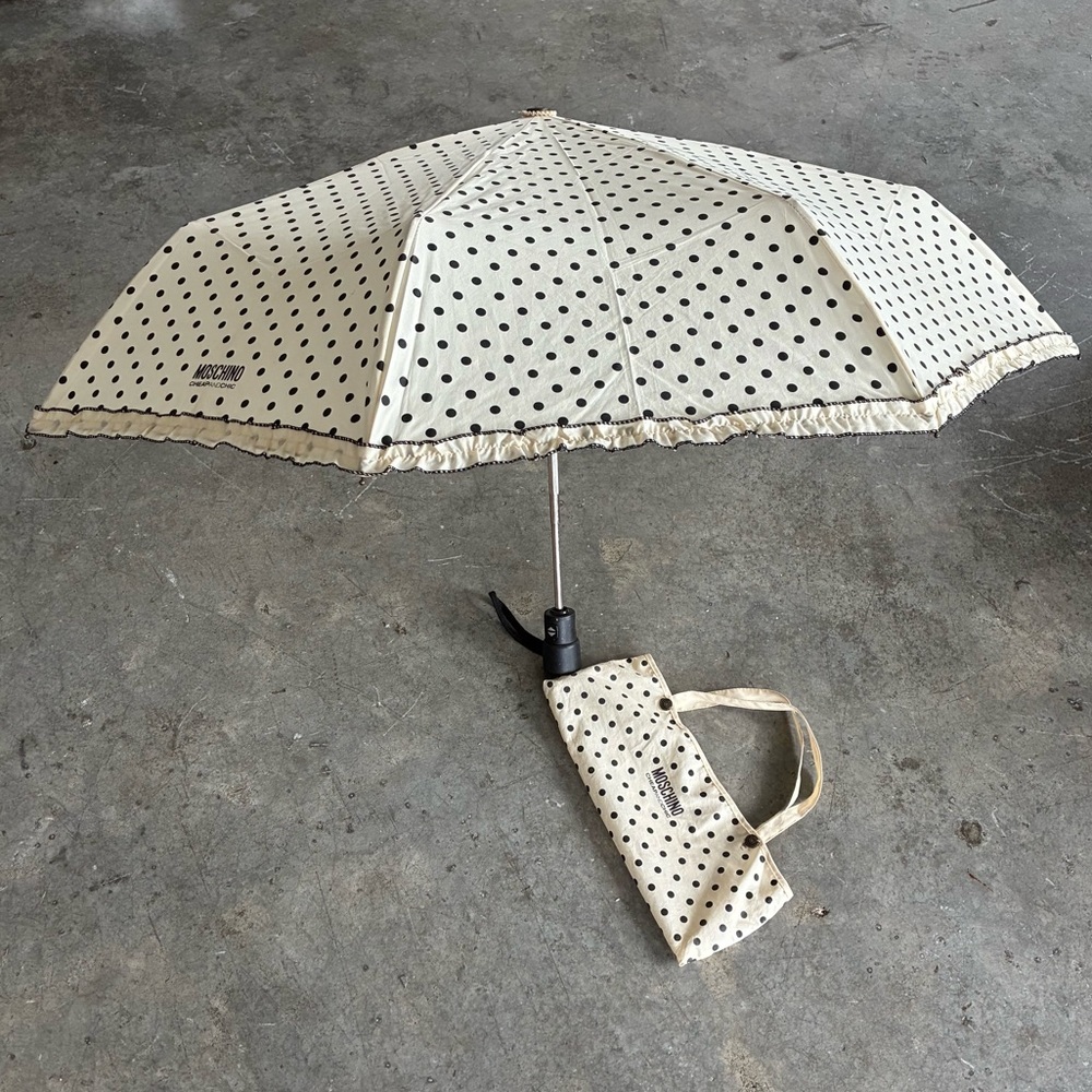 Moschino cheap and chic ivory white polka compact ruffle Dot Umbrella Case bag